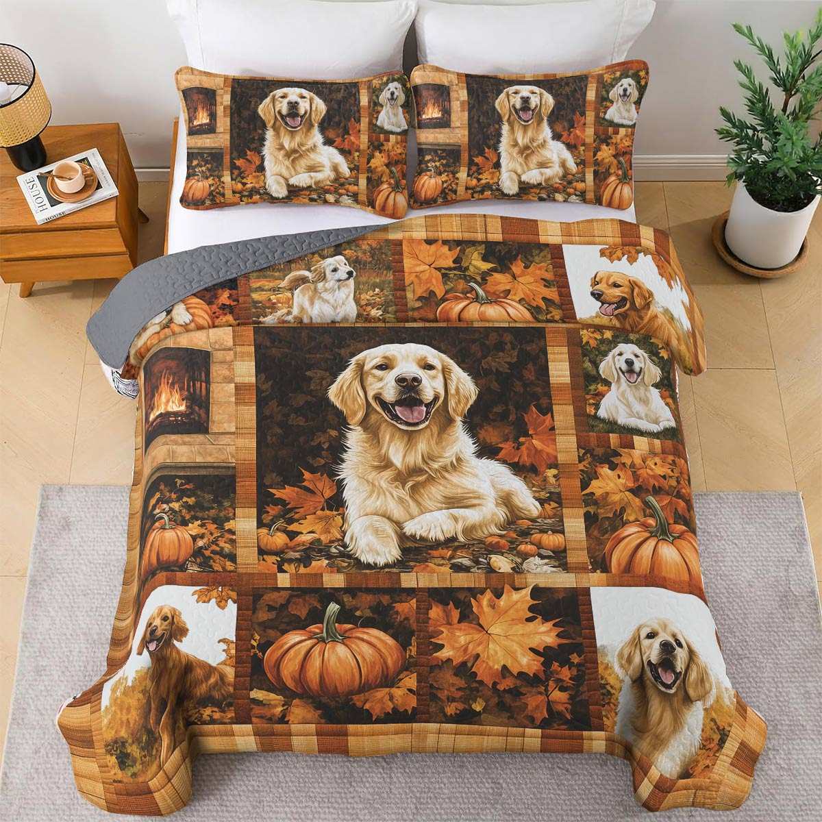 Shineful All Season Quilt 3-Piece Set - Golden Retriever - Golden Days Of Autumn