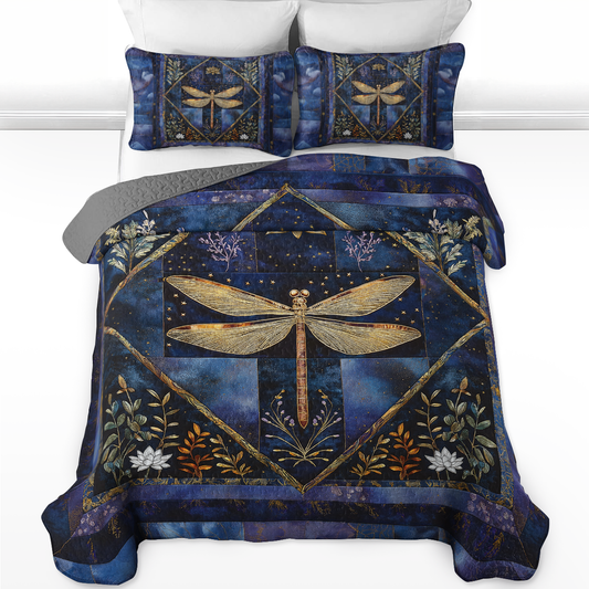 Shineful All Season Quilt 3-Piece Set Golden Dragonfly Transformation