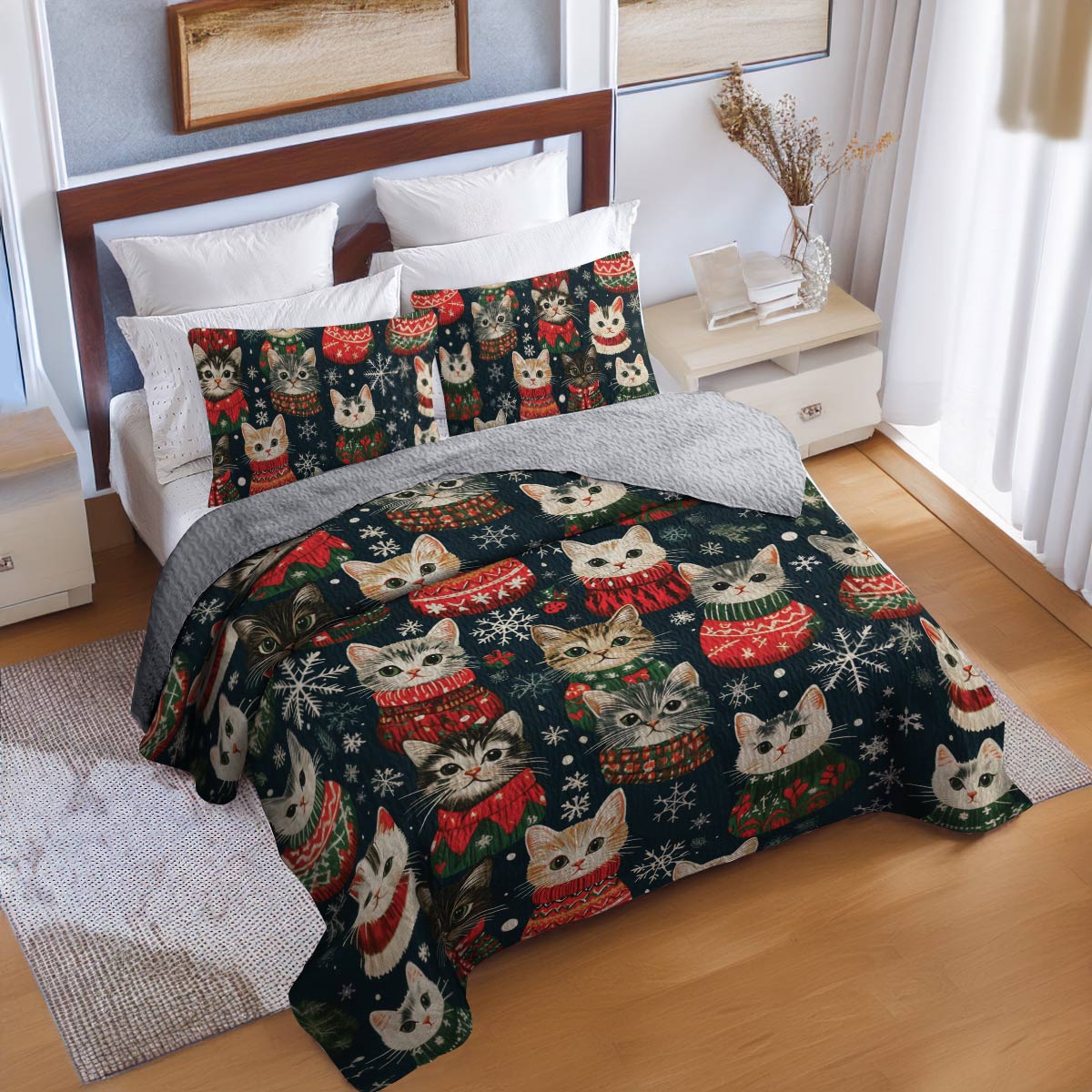 Shineful All Season Quilt 3-Piece Set Meowy Catmas
