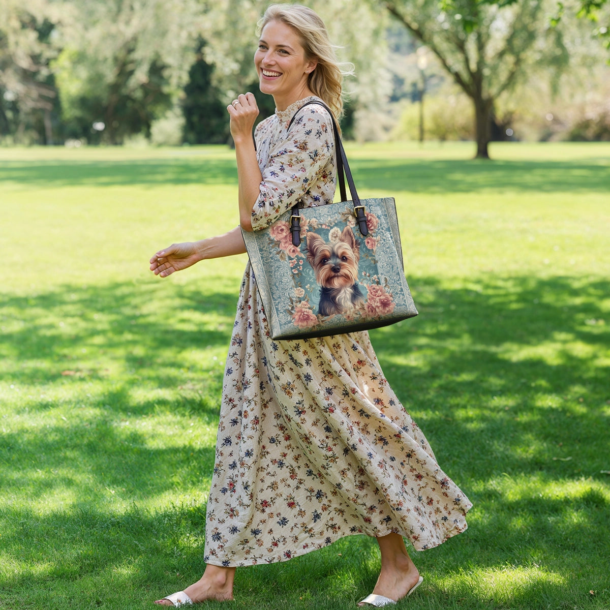 Shineful Leather Tote Bag Yorkie Rose Bloom Elegance