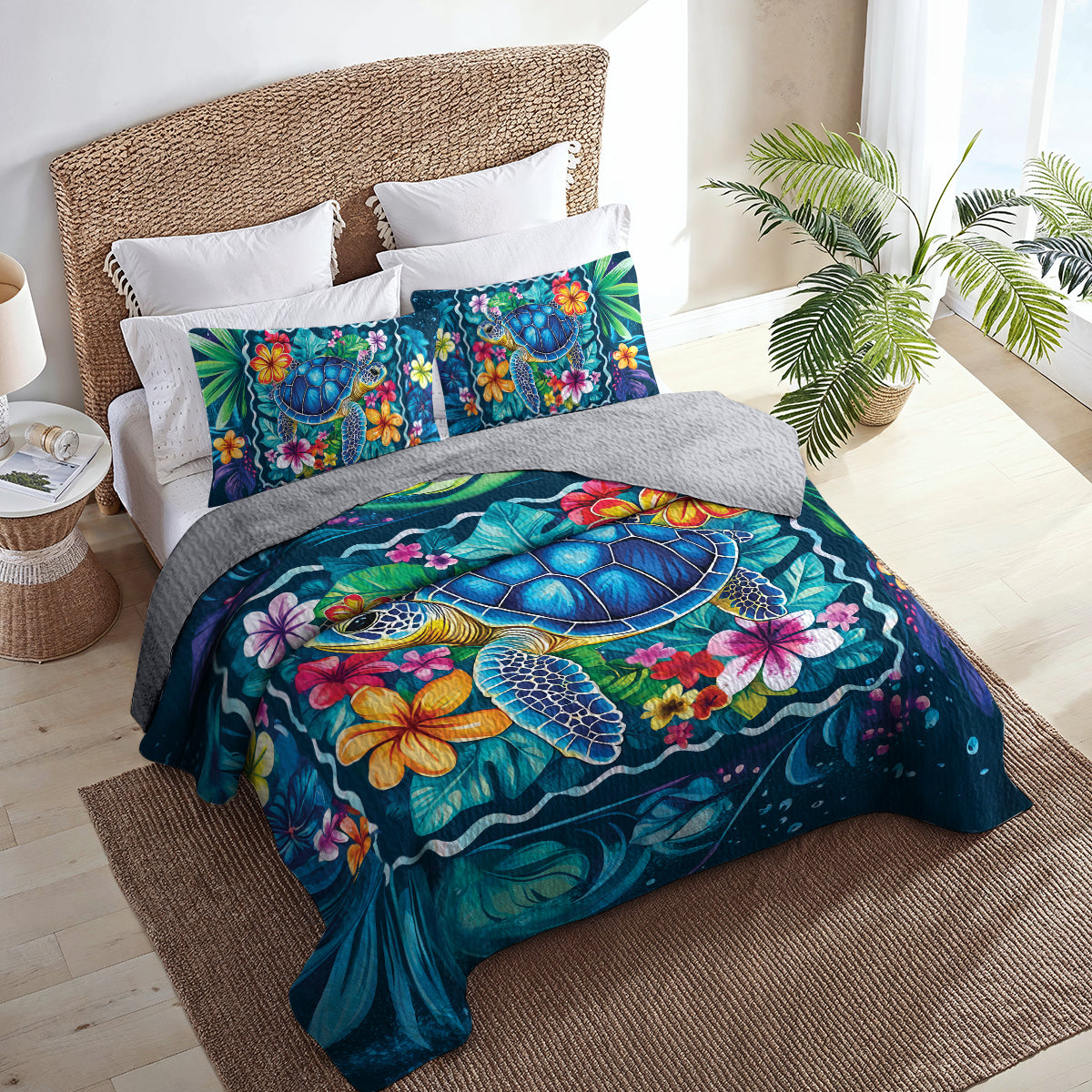 Shineful All Season Quilt 3-Piece Set - Sea Turtle Tropical Flowers