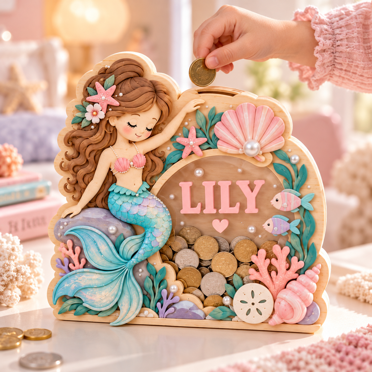 Personalized Mermaid Wooden Coin Bank – Custom Under the Sea Piggy Bank