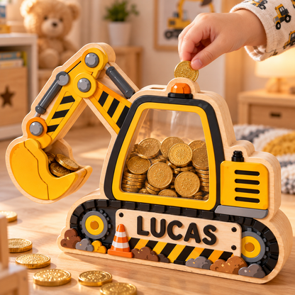 Personalized Excavator Wooden Coin Bank – Custom Construction Piggy Bank