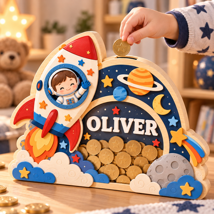 Personalized Rocket Wooden Coin Bank – Custom Astronaut Piggy Bank