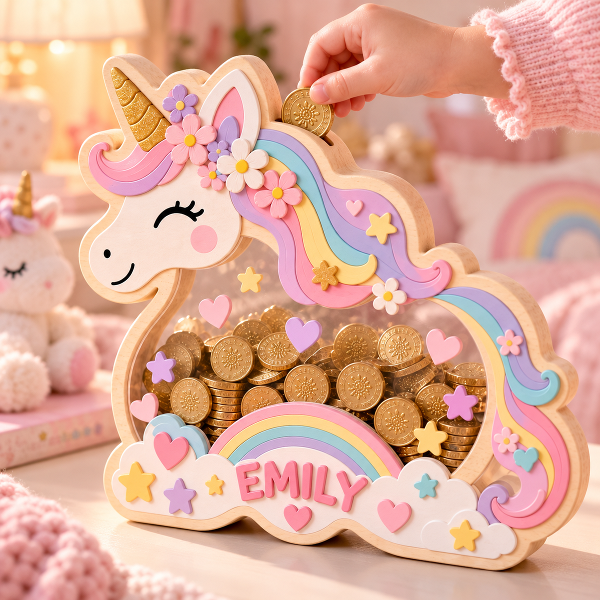 Personalized Unicorn Wooden Coin Bank – Custom Rainbow Piggy Bank