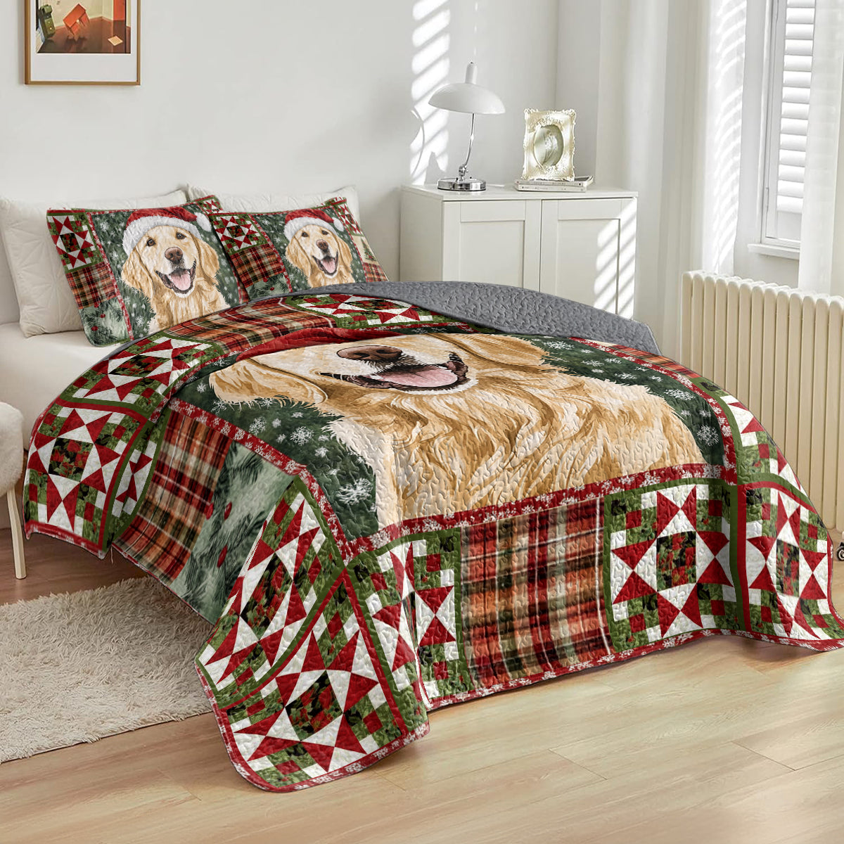 Shineful All Season Quilt 3-Piece Set Golden Retriever Christmas