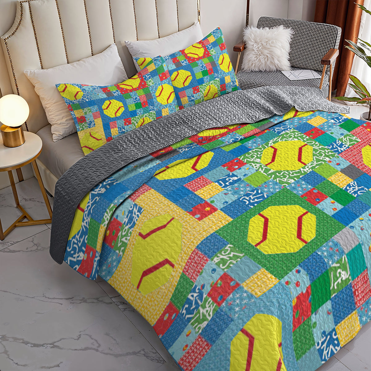 Shineful All Season Quilt 3-Piece Set Bright Softbal Patchwork