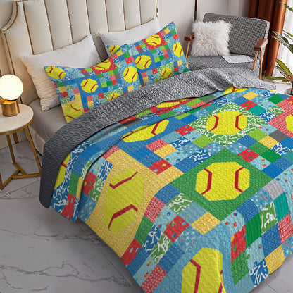 Shineful All Season Quilt 3-Piece Set Bright Softbal Patchwork