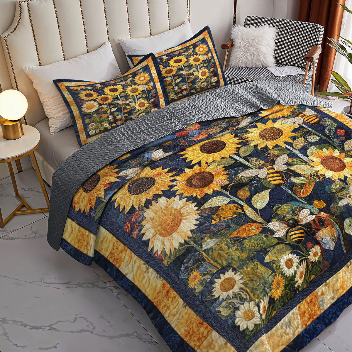 Shineful All Season Quilt 3-Piece Set Golden Sunflower Dream