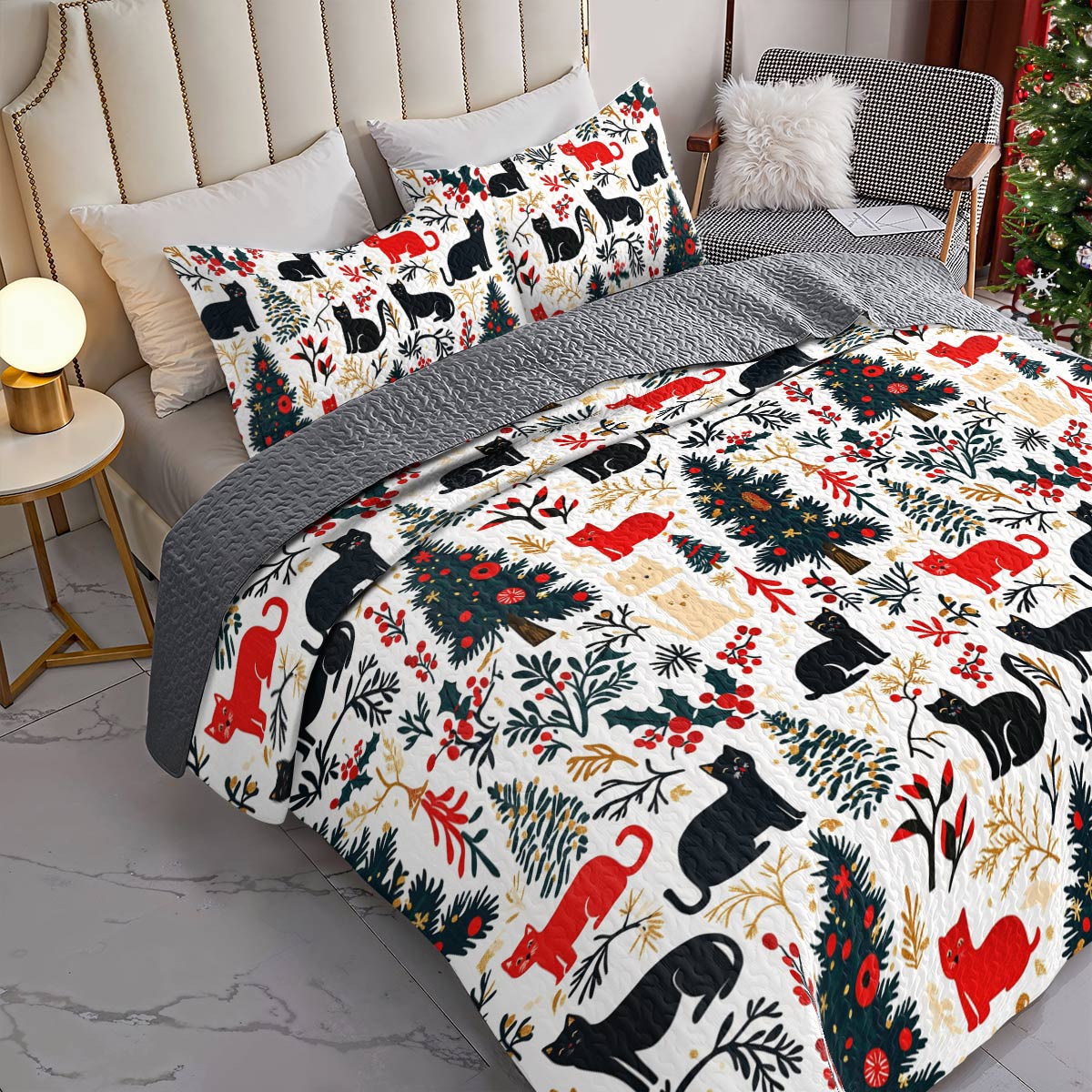 Shineful All Season Quilt 3-Piece Set Beautiful Cats Christmas