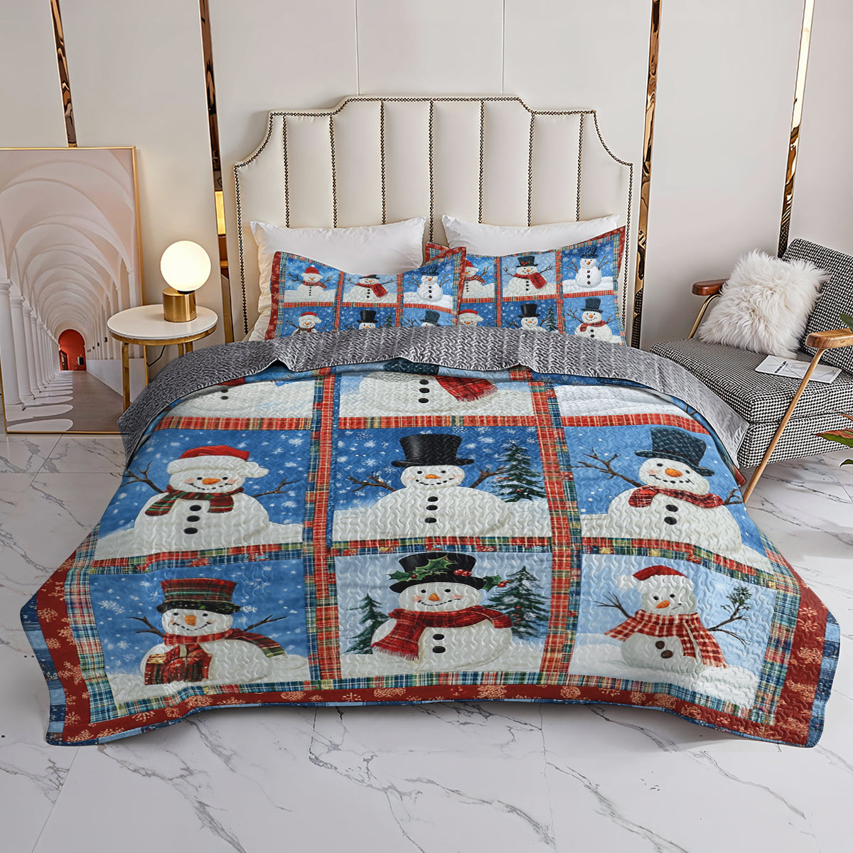 Shineful All Season Quilt 3-Piece Set Snowman Patchwork