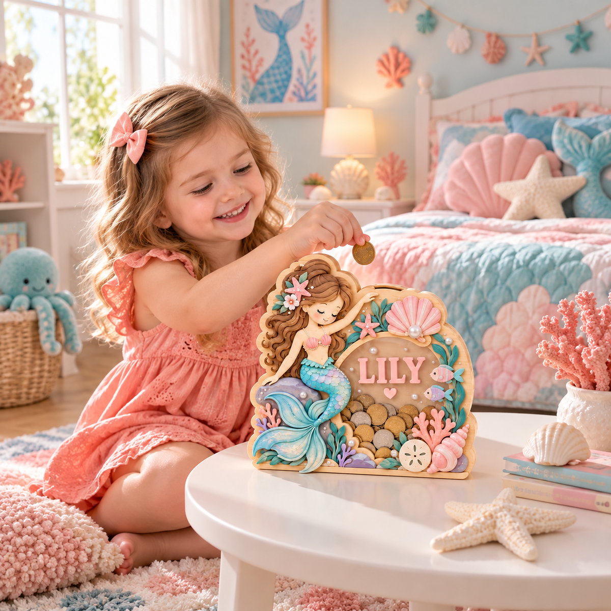 Personalized Mermaid Wooden Coin Bank – Custom Under the Sea Piggy Bank