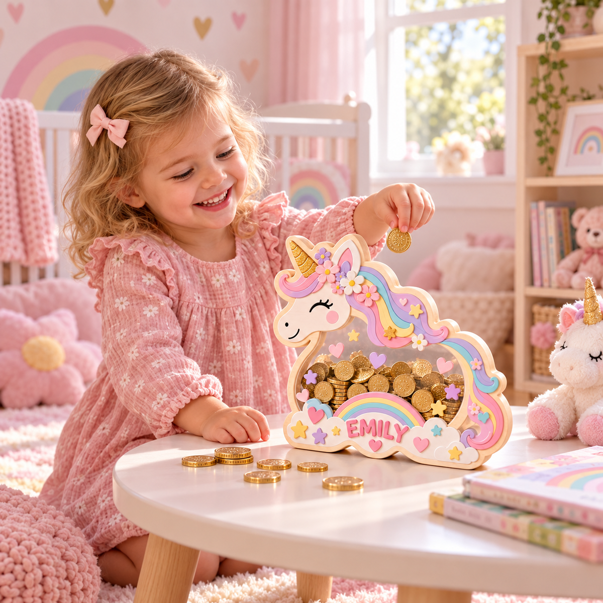 Personalized Unicorn Wooden Coin Bank – Custom Rainbow Piggy Bank