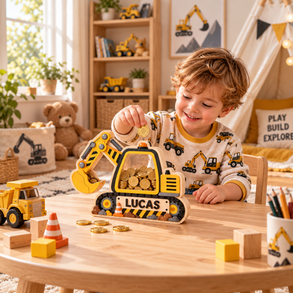 Personalized Excavator Wooden Coin Bank – Custom Construction Piggy Bank