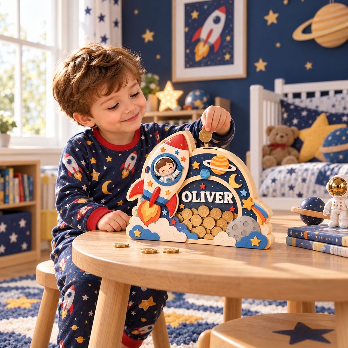 Personalized Rocket Wooden Coin Bank – Custom Astronaut Piggy Bank