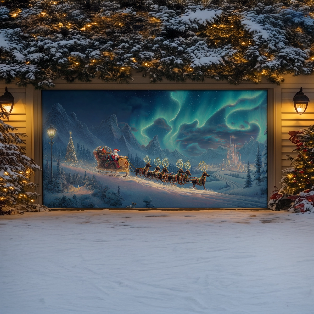 Shineful Garage Door Banner Decoration Santa’s Dachshund Sleigh Ride