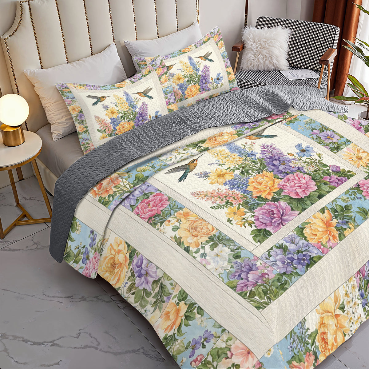 Shineful All Season Quilt 3-Piece Set Vintage Meadow Hummingbird
