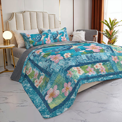 Shineful All Season Quilt 3-Piece Set Floral Plumeria Sea Turtle