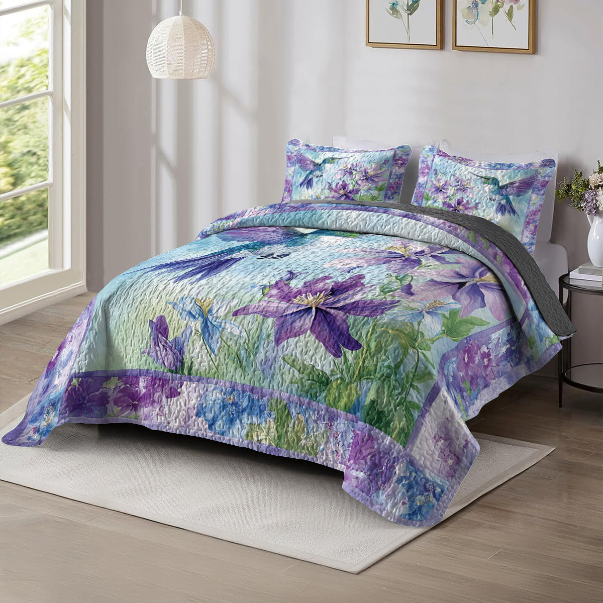 Shineful All Season Quilt 3-Piece Set Hummingbird & Purple Flower