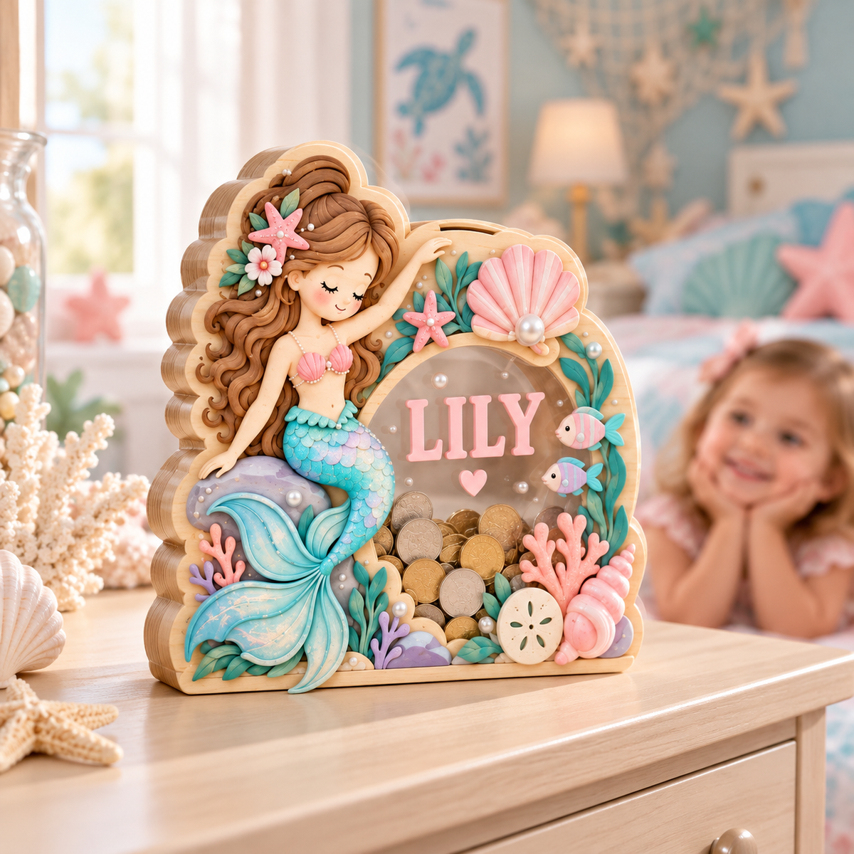Personalized Mermaid Wooden Coin Bank – Custom Under the Sea Piggy Bank