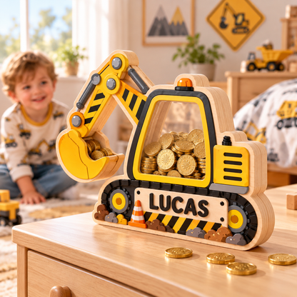 Personalized Excavator Wooden Coin Bank – Custom Construction Piggy Bank