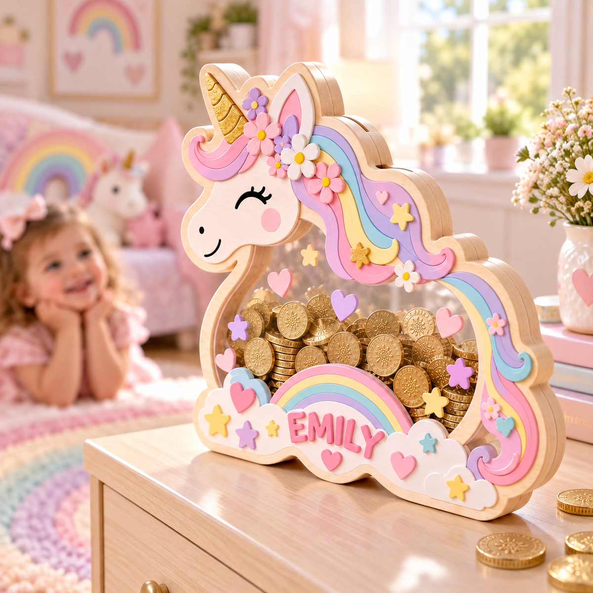 Personalized Unicorn Wooden Coin Bank – Custom Rainbow Piggy Bank