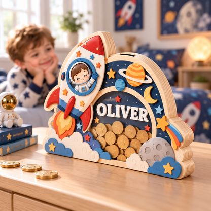 Personalized Rocket Wooden Coin Bank – Custom Astronaut Piggy Bank