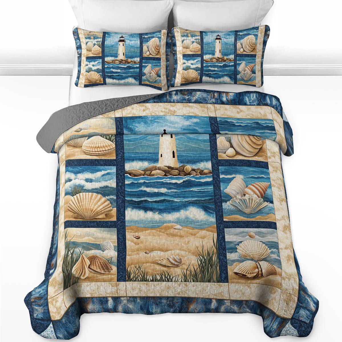 Shineful All Season Quilt 3-Piece Set - Seashells And Lighthouse