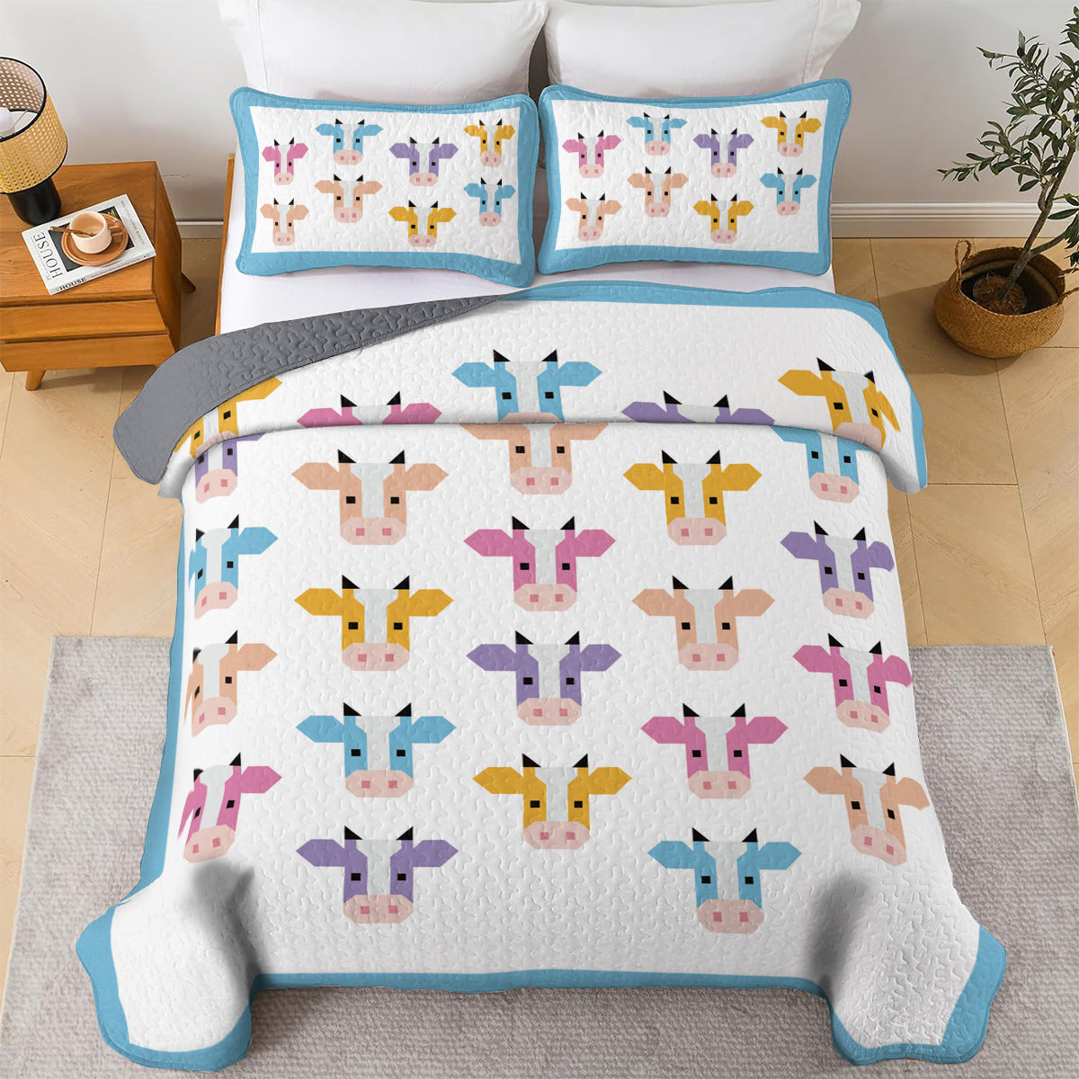 Shineful All Season Quilt 3-Piece Set Colorful Cow