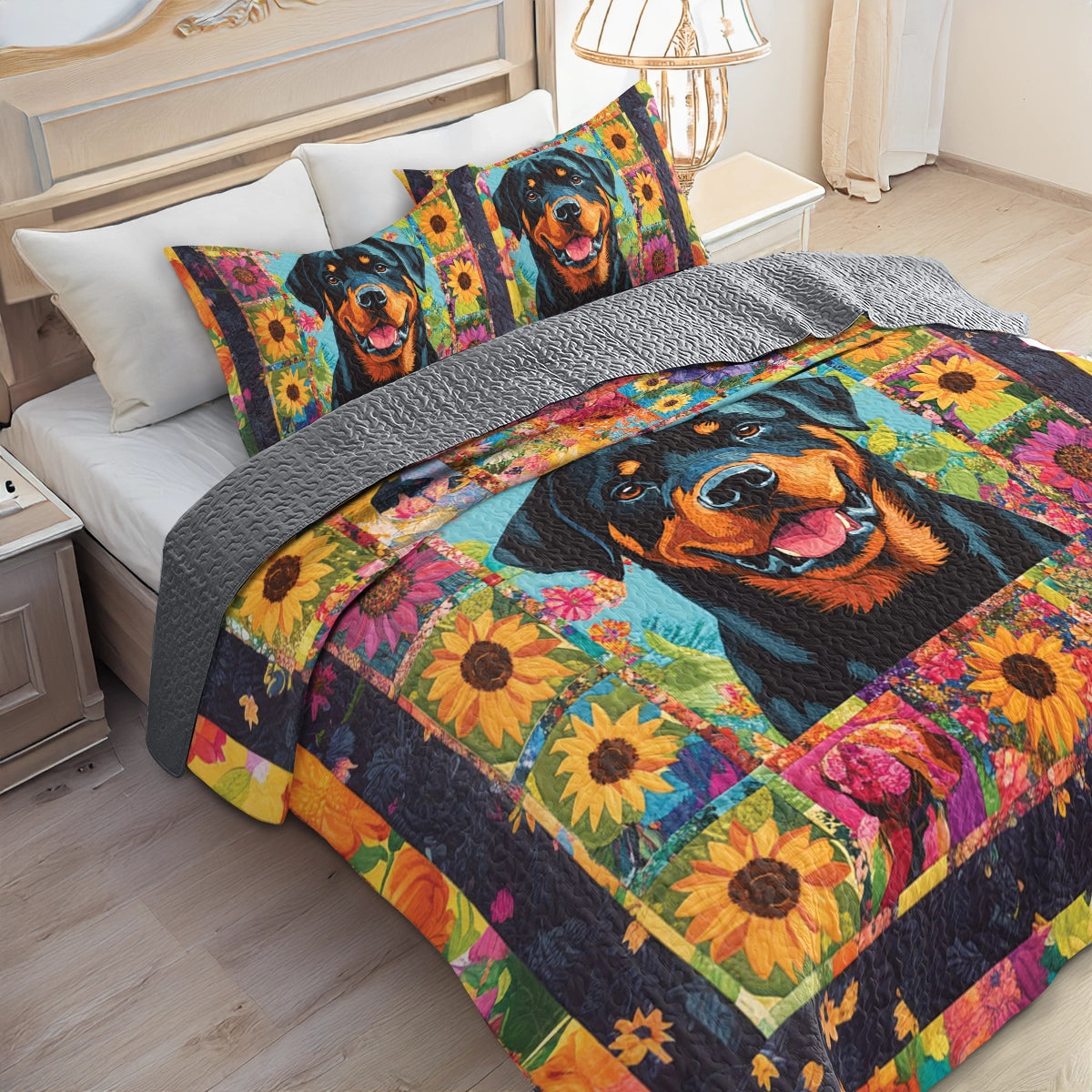 Shineful All Season Quilt 3-Piece Set Floral Majesty Rottweiler