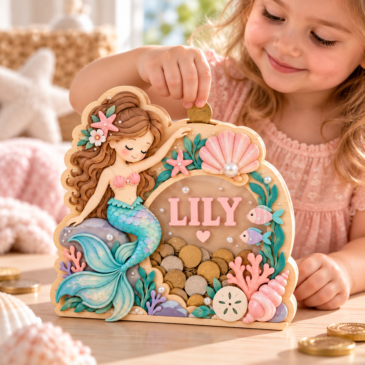 Personalized Mermaid Wooden Coin Bank – Custom Under the Sea Piggy Bank