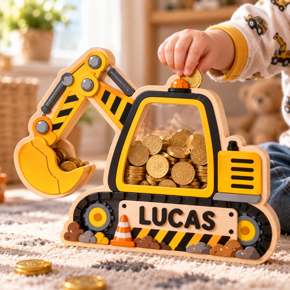 Personalized Excavator Wooden Coin Bank – Custom Construction Piggy Bank
