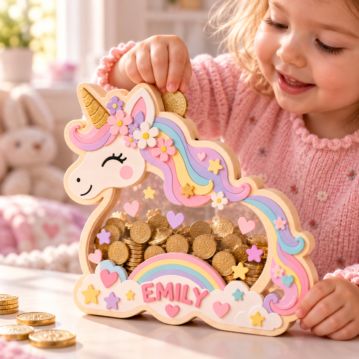 Personalized Unicorn Wooden Coin Bank – Custom Rainbow Piggy Bank