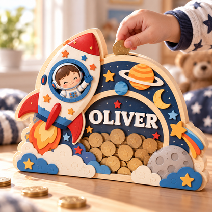 Personalized Rocket Wooden Coin Bank – Custom Astronaut Piggy Bank