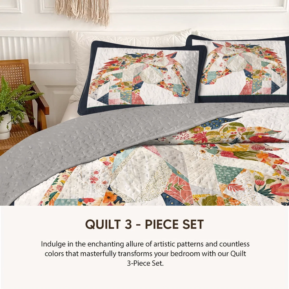 Shineful Quilt 3-Piece Set Charming Floral Horse