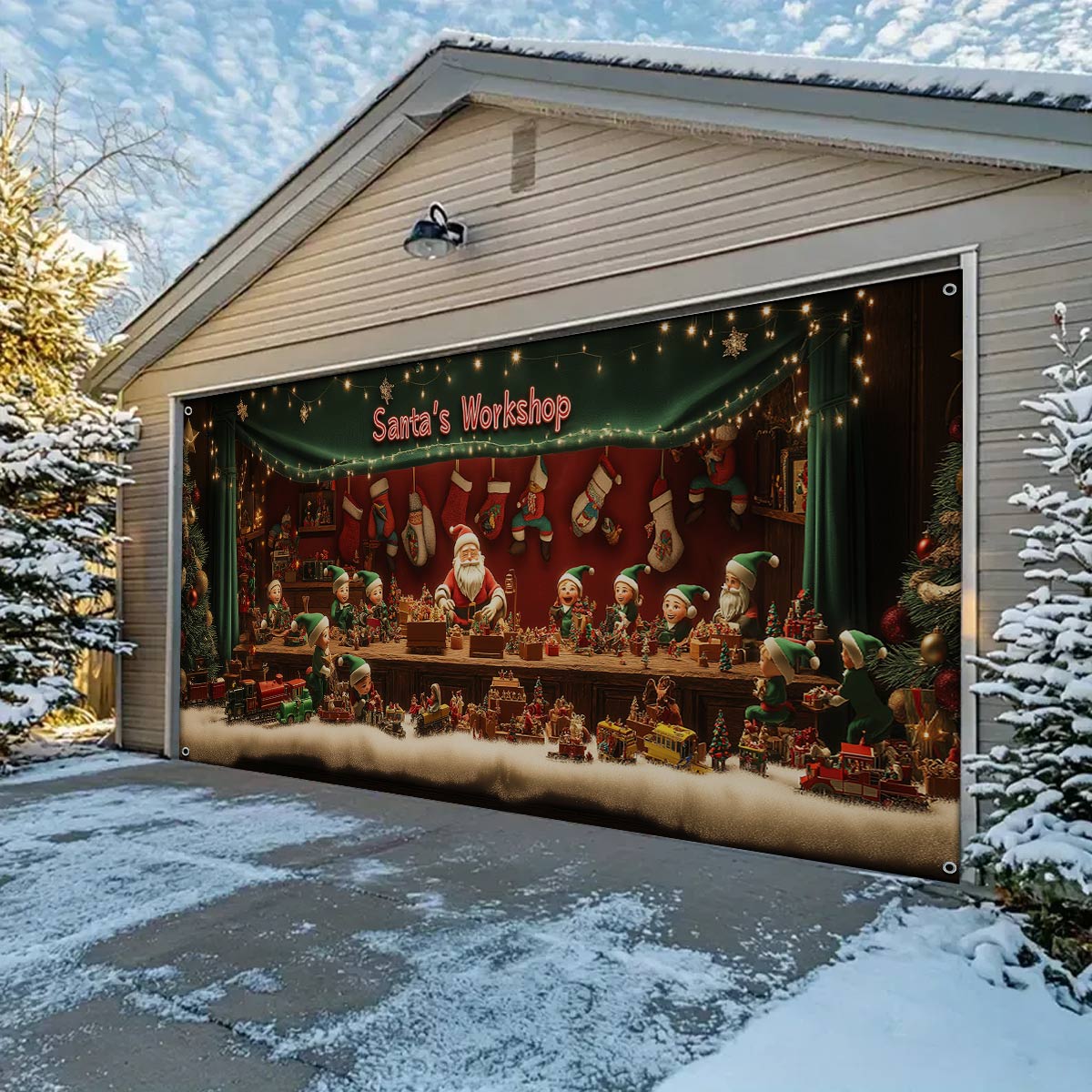 Shineful Garage Door Banner Decoration Santa Workshop