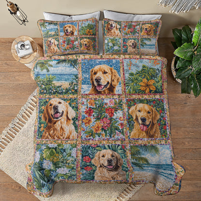 Shineful All Season Quilt 3-Piece Set  Golden Retriever Beach & Floral