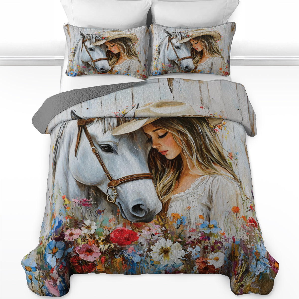 Shineful All Season Quilt 3-Piece Set Cowgirl And Horse