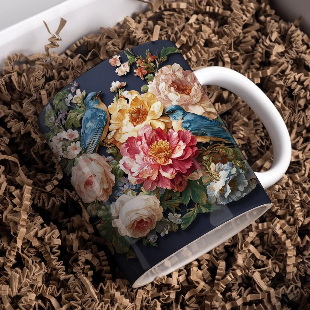 Shineful Ceramic Mug Midnight Bluebird Garden