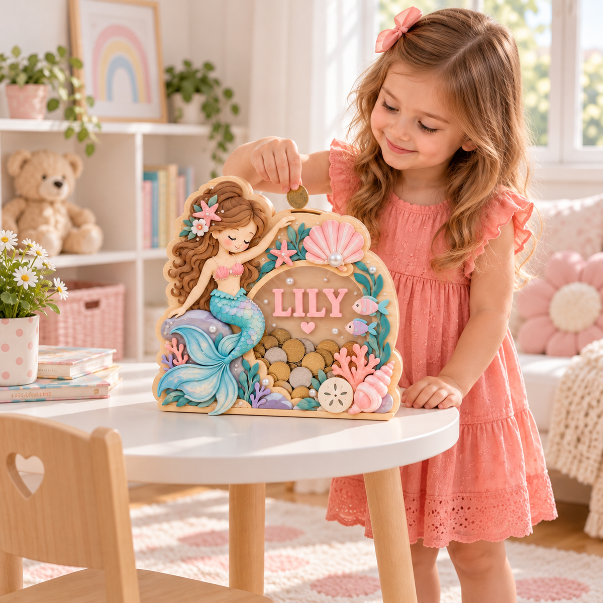 Personalized Mermaid Wooden Coin Bank – Custom Under the Sea Piggy Bank