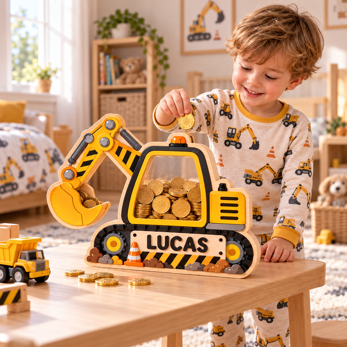 Personalized Excavator Wooden Coin Bank – Custom Construction Piggy Bank