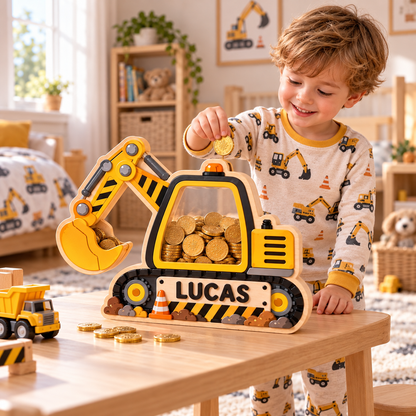 Personalized Excavator Wooden Coin Bank – Custom Construction Piggy Bank