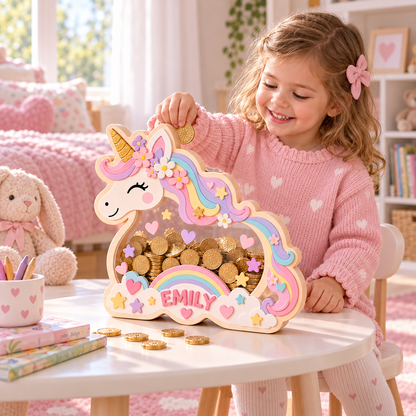 Personalized Unicorn Wooden Coin Bank – Custom Rainbow Piggy Bank