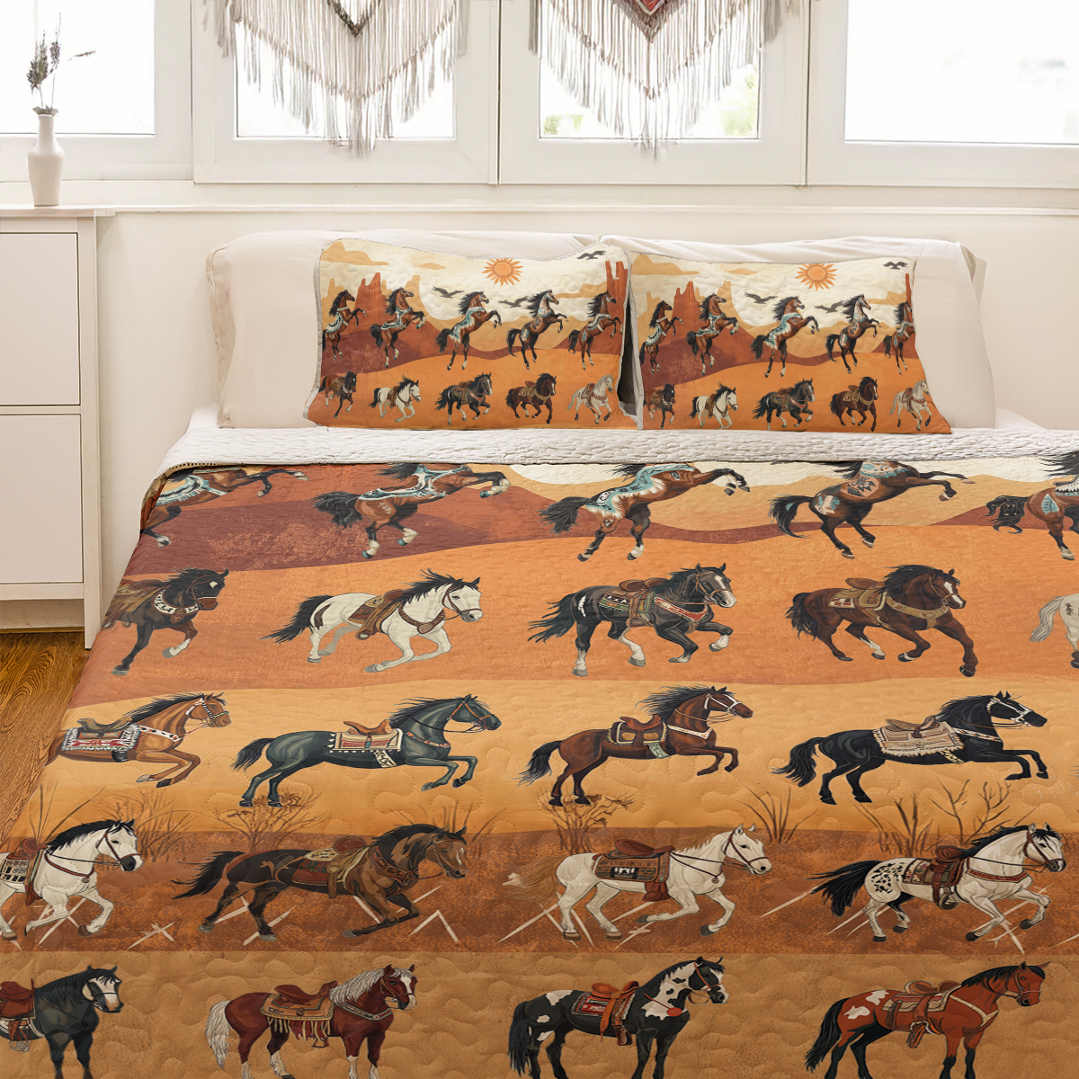 Shineful All Season Quilt 3-Piece Set Native America Horses In Motion