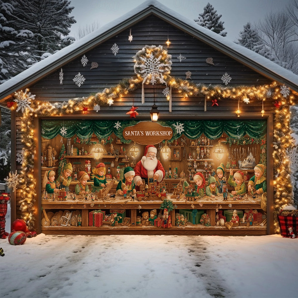 Shineful Garage Door Banner Decoration Santa’s Classic Toy Workshop