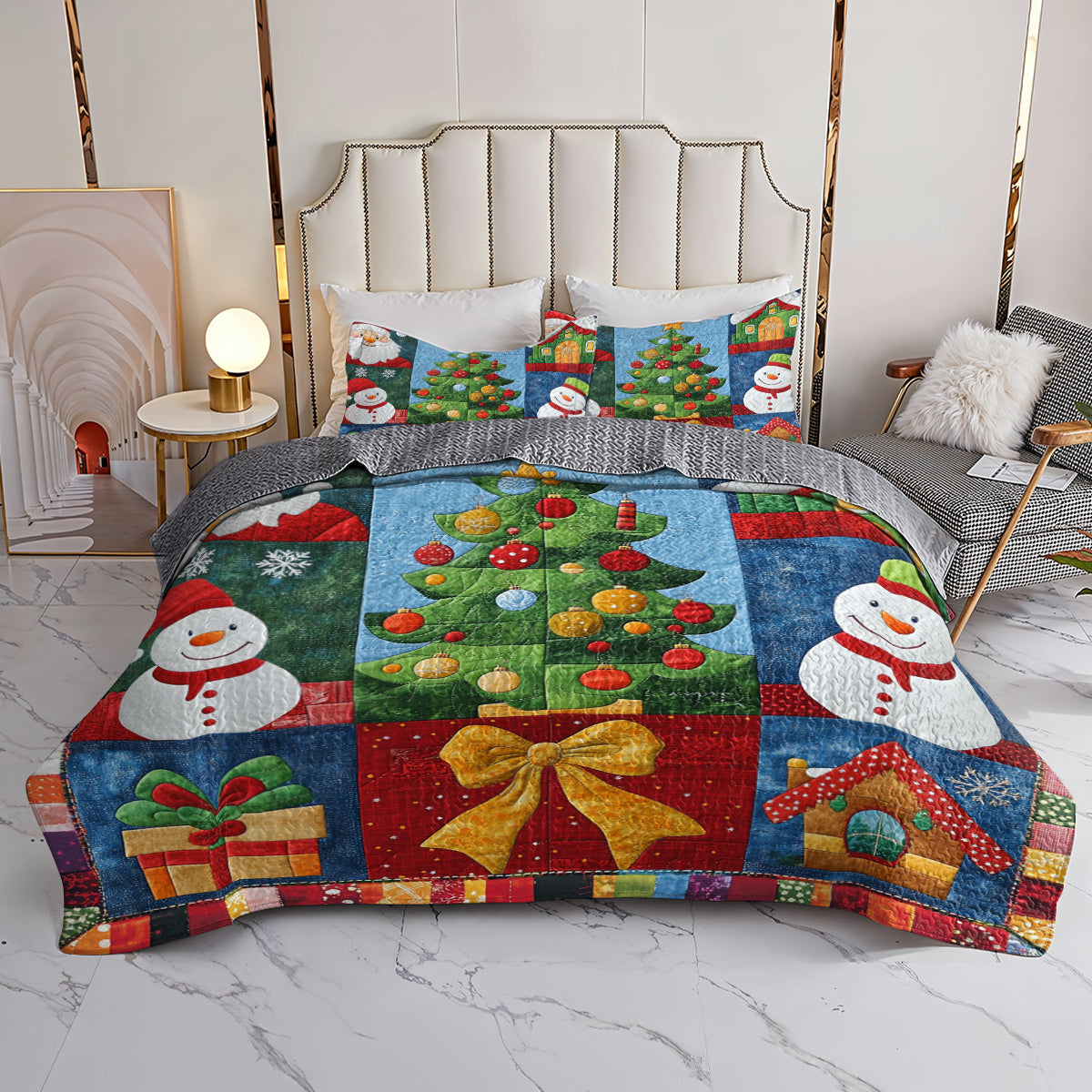 Shineful All Season Quilt 3-Piece Set Festive Snowman & Christmas Tree