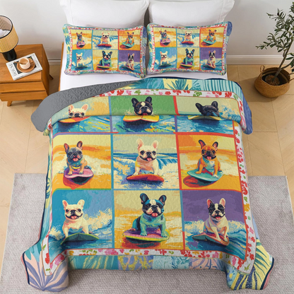Shineful All Season Quilt 3-Piece Set - Surfing Frenchie