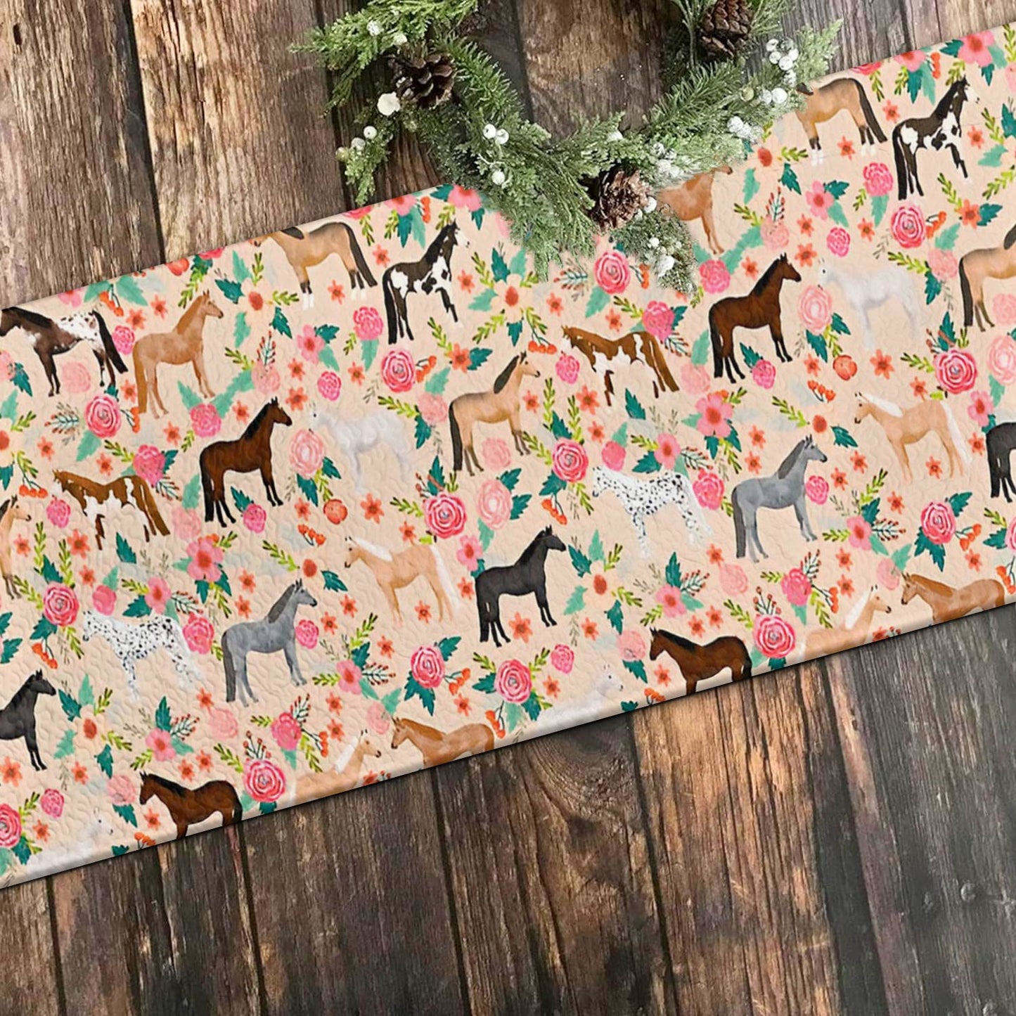 Shineful 2D Flat Print Quilted Table Runner Floral Horses