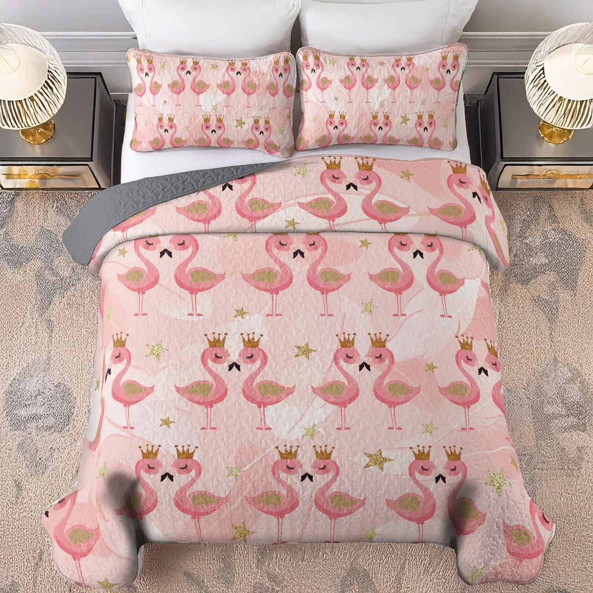 Shineful All Season Quilt 3-Piece Set - Princess Flamingo Dreams