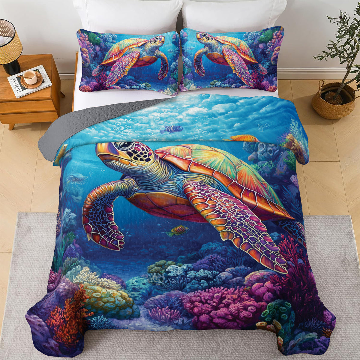 Shineful All Season Quilt 3-Piece Set Vibrant Sea Turtle